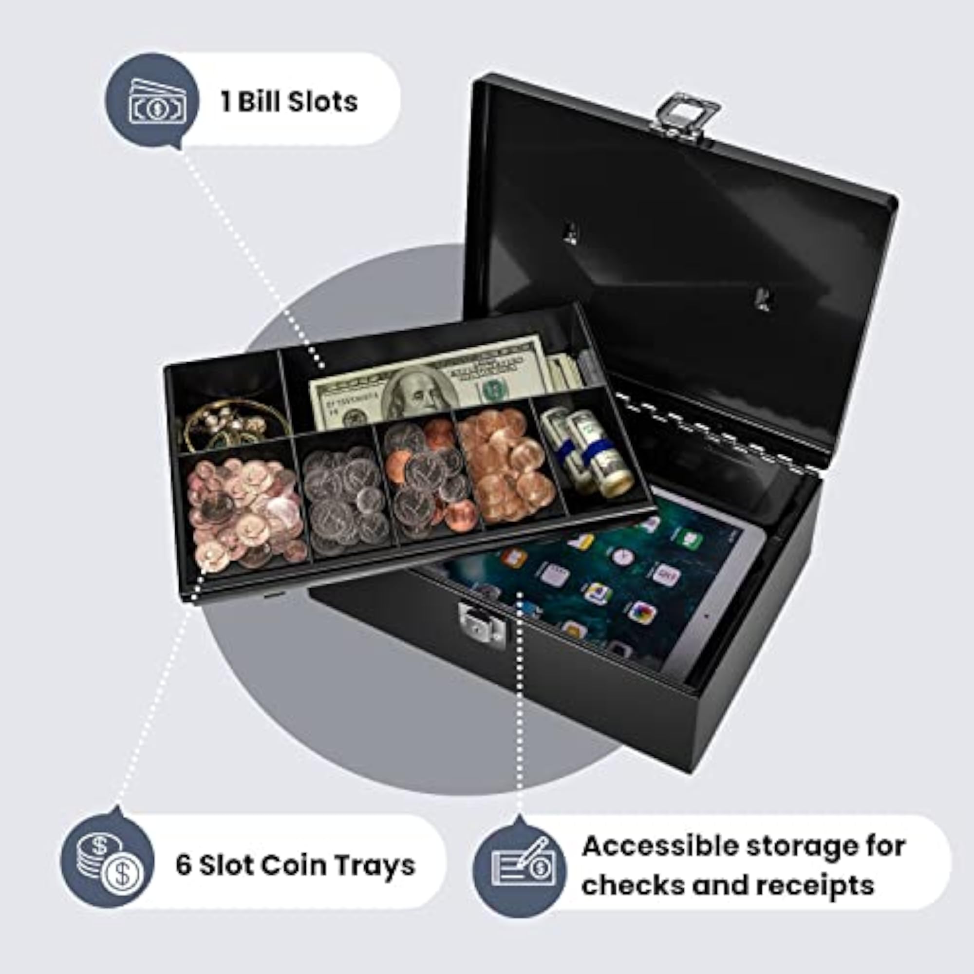 Cash Box with Money Tray, Portable Organizer